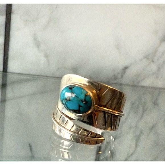 Turquoise, Sterling and Copper Leaf Wrap Ring - Picture 6 of 6